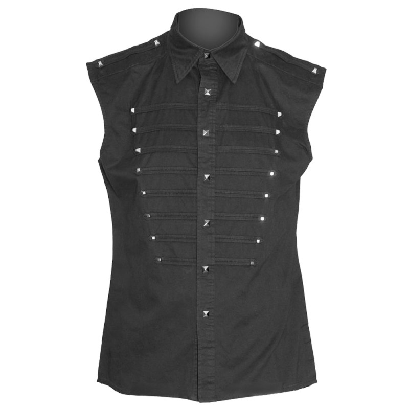 Men Gothic Shirt Black Sleeveless Shirt Studded Style Cotton Shirt